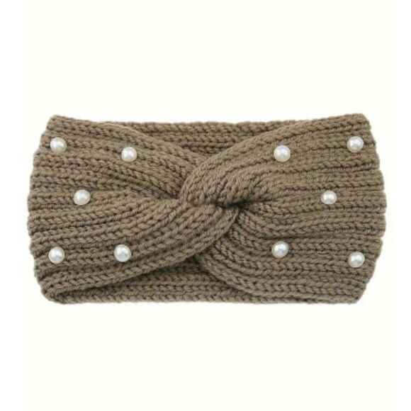 2/$30 Ladies Fashionable Brown Grey Pearl Knit Winter Headband - Brand New - Picture 1 of 4